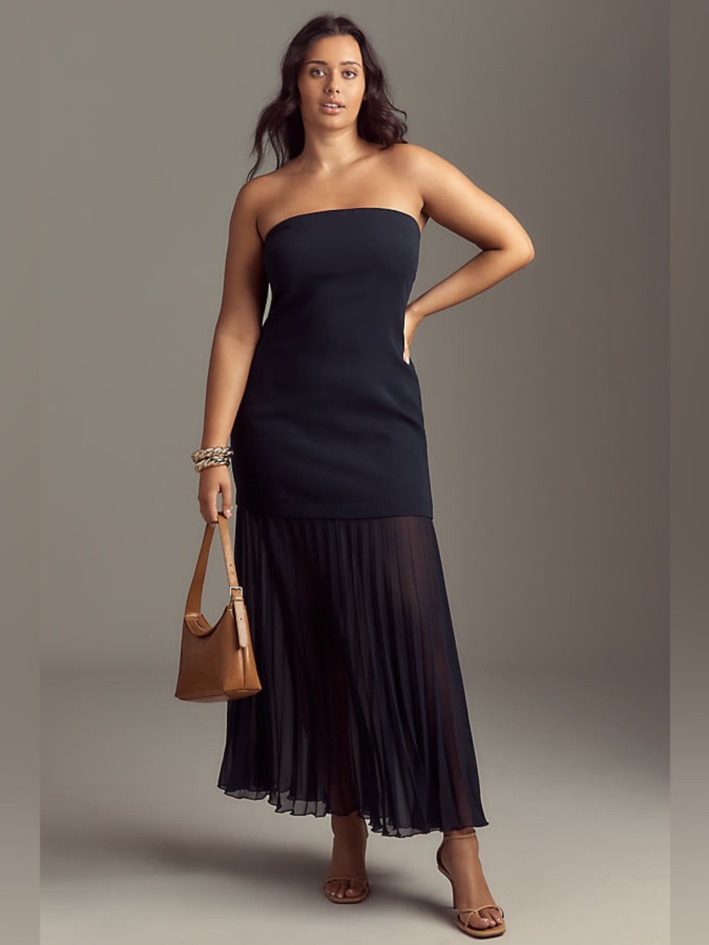 Anthropologie Strapless Black Maxi Dress with Sheer Pleated Skirt
